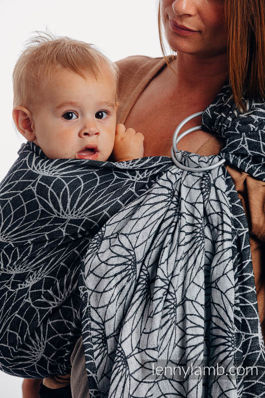 Żakardowa chusta kółkowa do noszenia dzieci, 100% len, ramię bez zakładek - LOTOS - CZARNY - long 2.1m #babywearing
