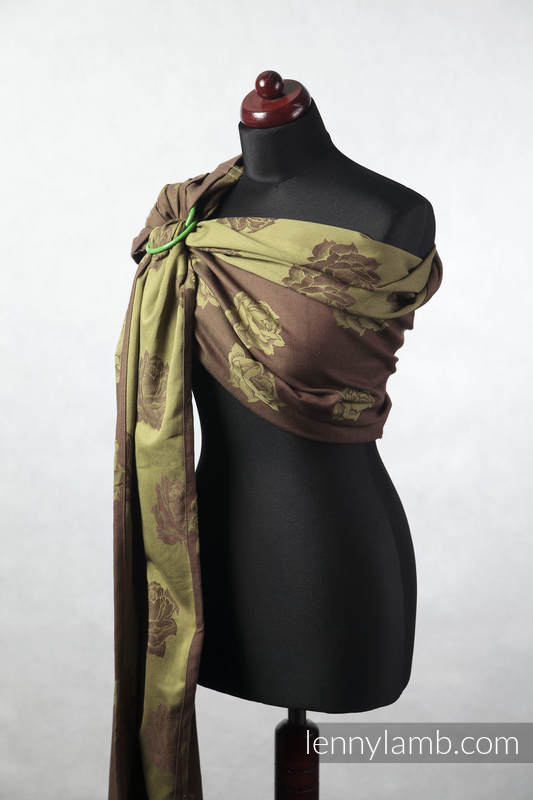 Żakardowa chusta kółkowa do noszenia dzieci, bawełna - Brązowa i Zielona Róża - long 2.1m #babywearing