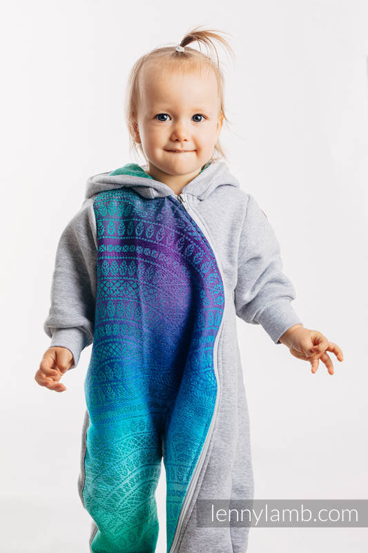 Grenouillère ours - taille 62 - Gris Chiné avec  Peacock's Tail - Fantasy #babywearing