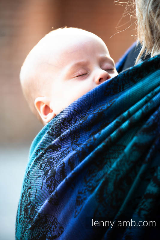 Żakardowa chusta do noszenia dzieci, (64% bawełna, 29% wełna merino, 5% jedwab, 2% kaszmir) - KRÓLOWA NOCY - ZAĆMIENIE - rozmiar XS #babywearing