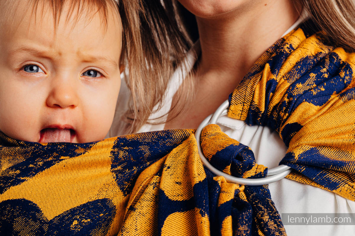 Żakardowa chusta kółkowa do noszenia dzieci, (100% bawełna) -  LOVKA MUSZTARDA Z GRANATEM - standard 1.8m #babywearing