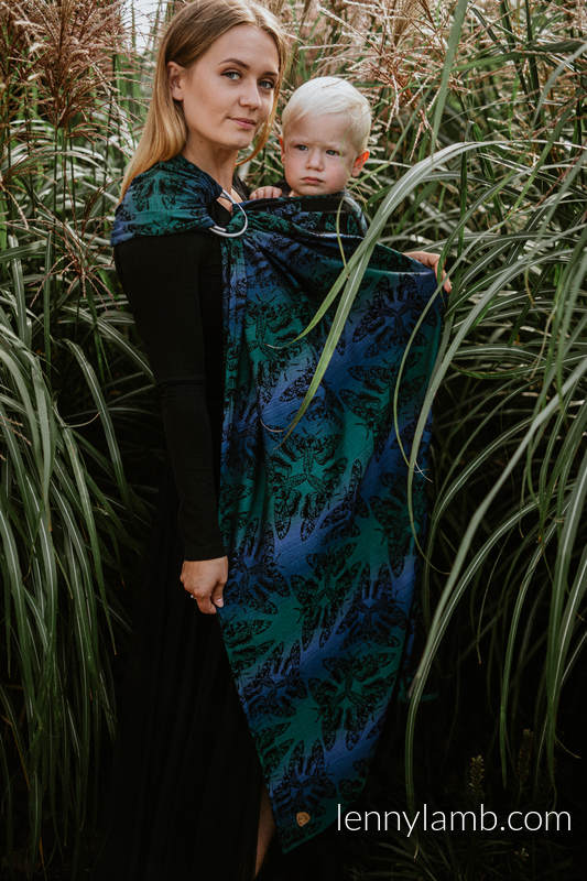 Ringsling, Jacquard Weave, with gathered shoulder (64% cotton, 29% merino wool, 5% silk, 2% cashmere) - QUEEN OF THE NIGHT - ECLIPSE - standard 1.8m (grade B) #babywearing