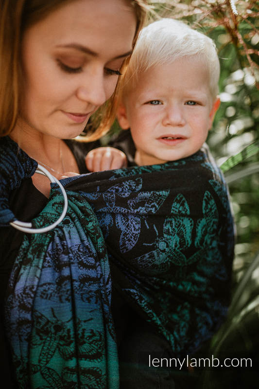 Żakardowa chusta kółkowa do noszenia dzieci, ramię bez zakładek, (64% bawełna, 29% wełna merino, 5% jedwab, 2% kaszmir) - KRÓLOWA NOCY - ZAĆMIENIE - standard 1.8m (drugi gatunek) #babywearing