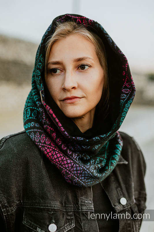 Snood Scarf (Outer fabric - 60% cotton, 28% merino wool, 8% silk, 4% cashmere; Lining - 100% cotton) - PEACOCK'S TAIL - BLACK OPAL & BLACK #babywearing
