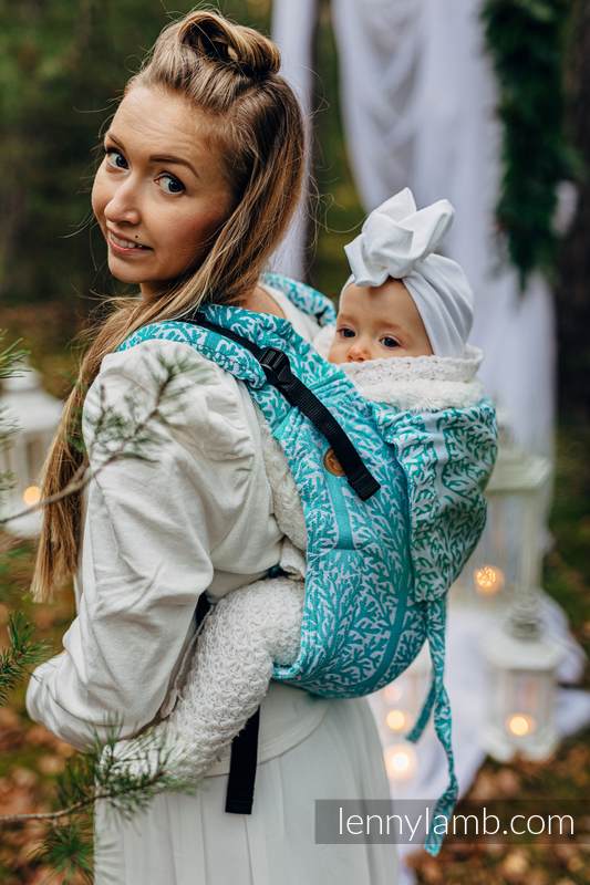 Lenny Buckle Onbuhimo baby carrier, standard size, jacquard weave (96% cotton, 4% metallised yarn) - WOODLAND - FROST #babywearing