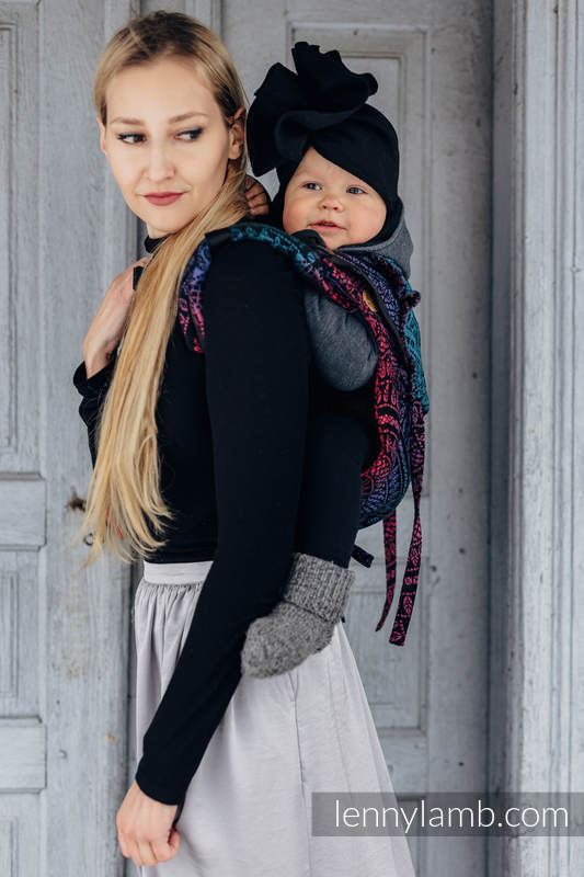Lenny Buckle Onbuhimo baby carrier, Standard size, jacquard weave (60% cotton, 28% Merino wool, 8% silk, 4% cashmere) - PEACOCK'S TAIL - BLACK OPAL #babywearing