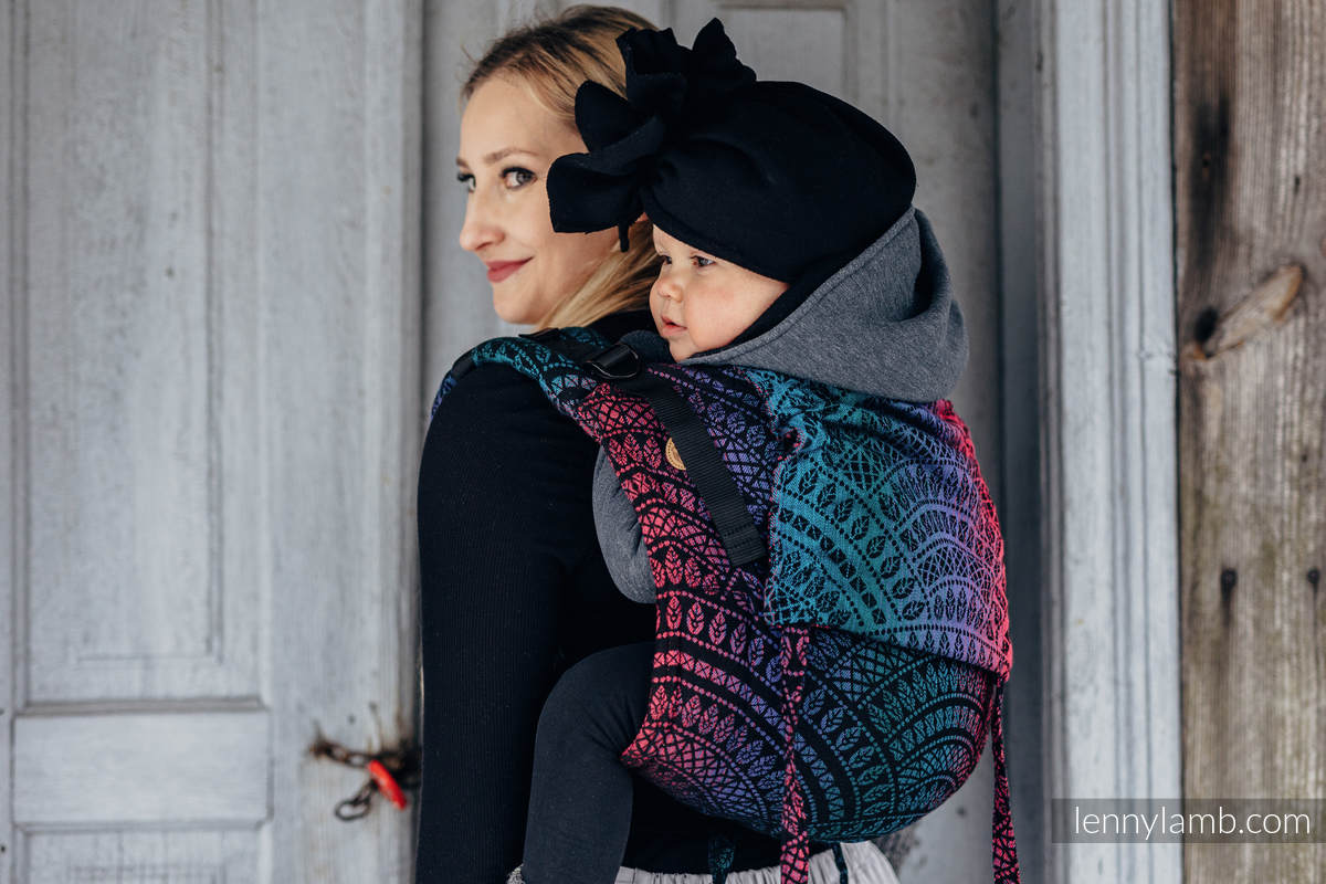 Lenny Buckle Onbuhimo baby carrier, Standard size, jacquard weave (60% cotton, 28% Merino wool, 8% silk, 4% cashmere) - PEACOCK'S TAIL - BLACK OPAL #babywearing