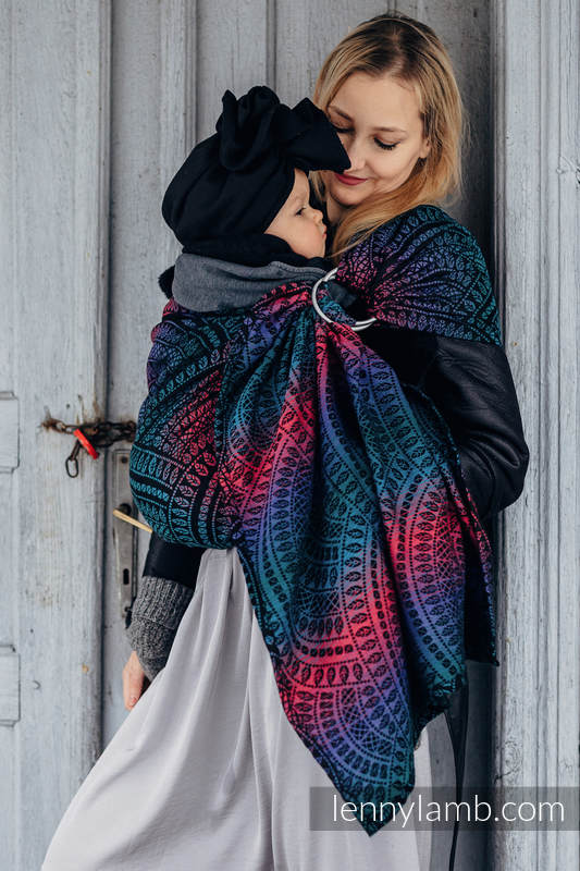 Ringsling, Jacquard Weave (60% cotton, 28% Merino wool, 8% silk, 4% cashmere), with gathered shoulder - PEACOCK'S TAIL - BLACK OPAL - long 2.1m #babywearing