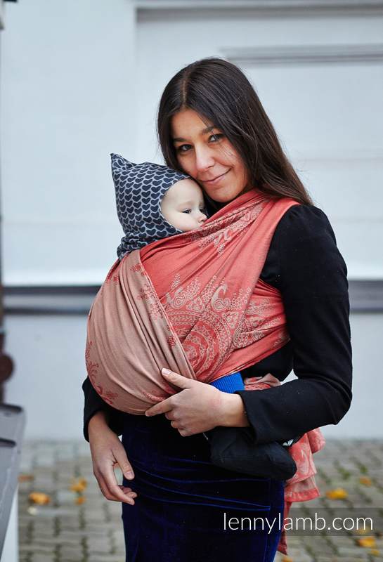 Żakardowa chusta do noszenia dzieci, 60% bawełna, 40% bambus - Paw Indyjski - Koral z Kawą - rozmiar S #babywearing