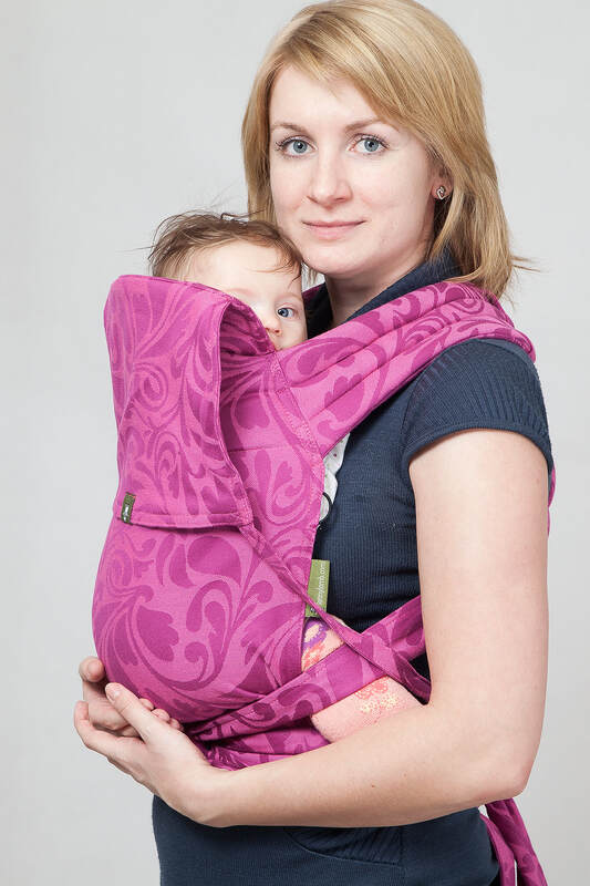 Nosidełko dla dzieci MEI-TAI MINI z kapturkiem, bawełna, splot żakardowy, Zakręcone Liście Puprurowy z Różem #babywearing