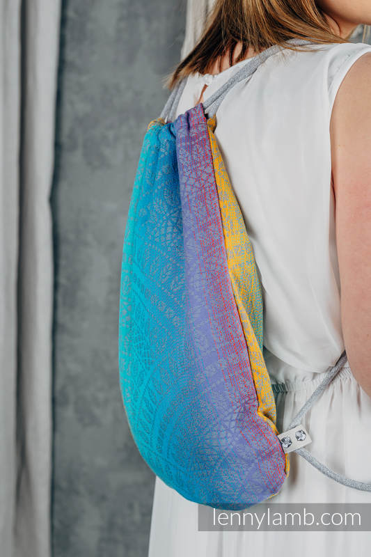 Sackpack made of wrap fabric (100% cotton) - PEACOCK’S TAIL - SUNSET - standard size 32cmx43cm #babywearing