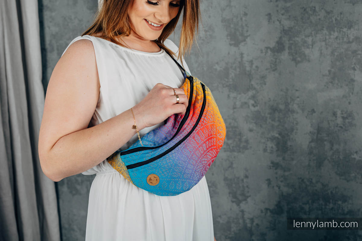 Waist Bag made of woven fabric, size large (100% cotton) - PEACOCK’S TAIL - SUNSET (grade B) #babywearing