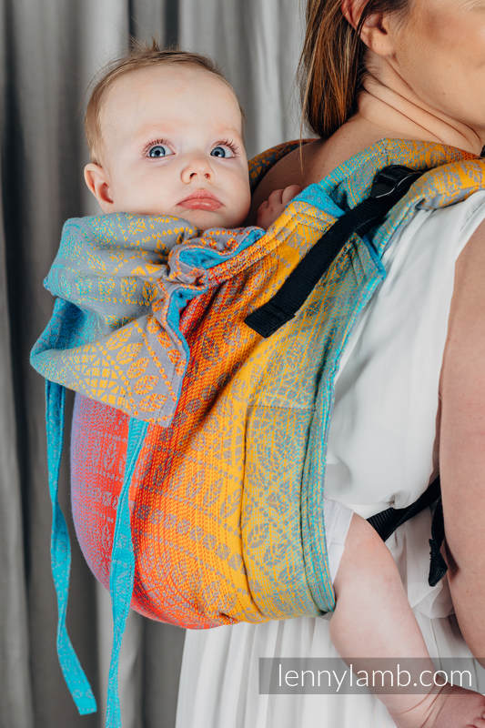 Onbuhimo de Lenny, taille toddler, jacquard (100% coton) - PEACOCK’S TAIL - SUNSET  #babywearing