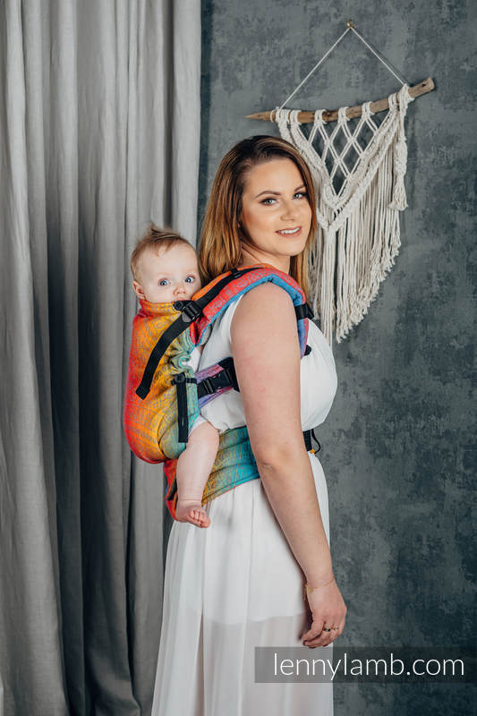 Mochila LennyUpGrade, talla estándar, tejido jaqurad 100% algodón - PEACOCK'S TAIL - SUNSET  #babywearing