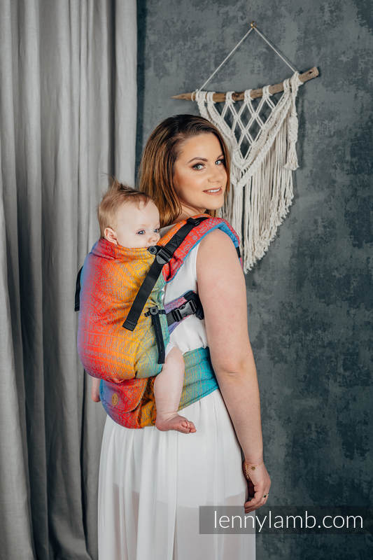 Mochila LennyUpGrade, talla estándar, tejido jaqurad 100% algodón - PEACOCK'S TAIL - SUNSET  #babywearing