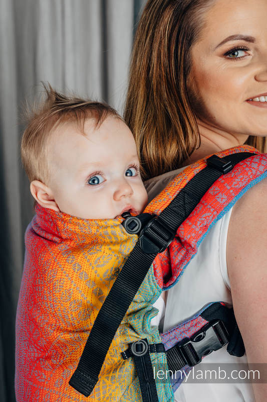 Porte-bébé LennyUpGrade, taille standard, jacquard, 100% coton - PEACOCK'S TAIL - SUNSET  #babywearing