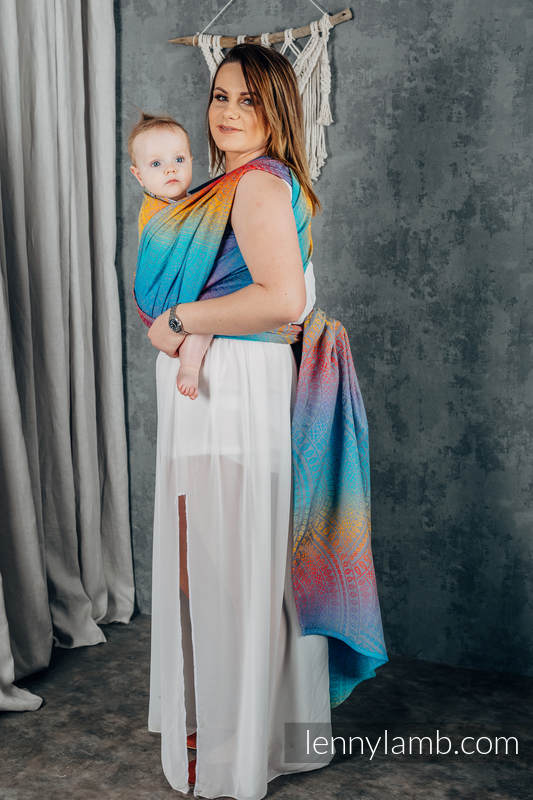 Żakardowa chusta do noszenia dzieci, bawełna - PAWI OGON - ZACHÓD SŁOŃCA - rozmiar XS #babywearing