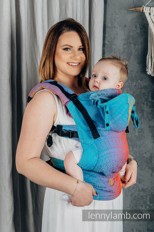 Nosidełko Ergonomiczne LennyGo z tkaniny żakardowej 100% bawełna , rozmiar Toddler - PAWI OGON - ZACHÓD SŁOŃCA  #babywearing