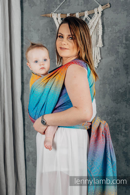 Baby Wrap, Jacquard Weave (100% cotton) - PEACOCK’S TAIL - SUNSET - size S #babywearing