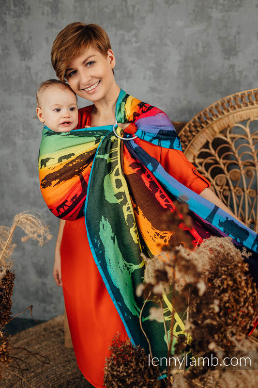 Żakardowa chusta kółkowa do noszenia dzieci, bawełna - TĘCZOWE SAFARI 2.0 - long 2.1m (drugi gatunek) #babywearing