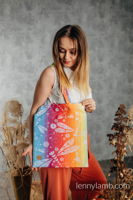 Einkaufstasche, hergestellt aus gewebtem Stoff (100% Baumwolle) - DRAGONFLY RAINBOW  #babywearing