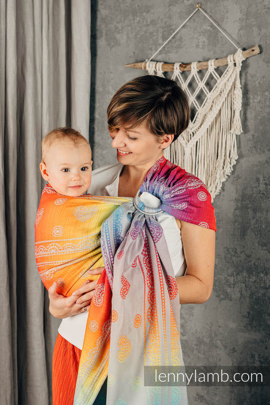 Żakardowa chusta kółkowa do noszenia dzieci, (100% bawełna), ramię bez zakładek - SREBRZYSTA TĘCZOWA KORONKA - standard 1.8m (drugi gatunek) #babywearing