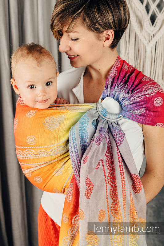 Żakardowa chusta kółkowa do noszenia dzieci, (100% bawełna), ramię bez zakładek - SREBRZYSTA TĘCZOWA KORONKA - standard 1.8m (drugi gatunek) #babywearing