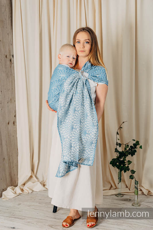 Żakardowa chusta kółkowa do noszenia dzieci, 100% len, ramię bez zakładek - LOTOS - NIEBIESKI - long 2.1m #babywearing