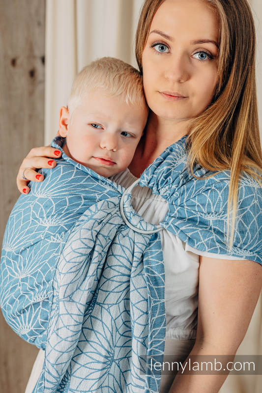 Żakardowa chusta kółkowa do noszenia dzieci, 100% len, ramię bez zakładek - LOTOS - NIEBIESKI - long 2.1m #babywearing