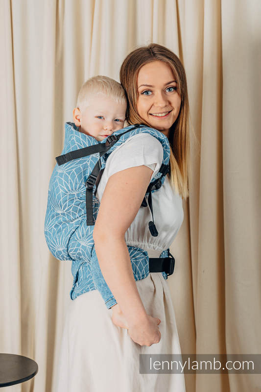 Nosidełko LennyPreschool  z tkaniny żakardowej 100% len, rozmiar preschool - LOTOS - NIEBIESKI  #babywearing