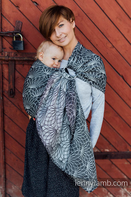 Żakardowa chusta kółkowa do noszenia dzieci, 100% len, ramię bez zakładek - LOTOS - CZARNY   - standard 1.8m #babywearing