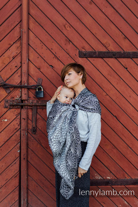 Żakardowa chusta kółkowa do noszenia dzieci, 100% len, ramię bez zakładek - LOTOS - CZARNY   - standard 1.8m #babywearing