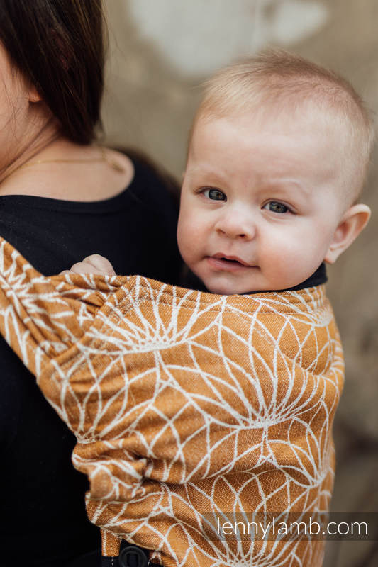 Mochila LennyHybrid Half Buckle, talla estándar, tejido jaqurad 100% lino - LOTUS - GOLD  #babywearing