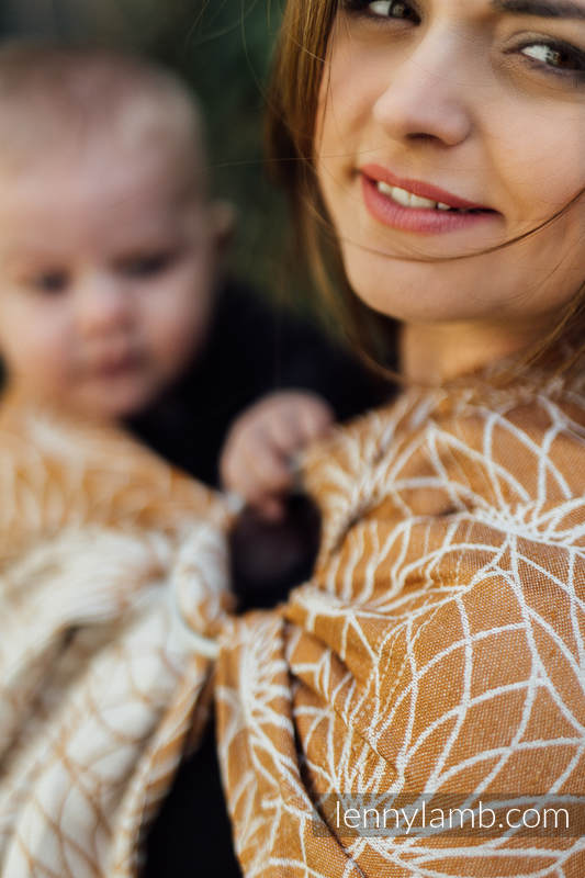 Żakardowa chusta kółkowa do noszenia dzieci, 100% len, ramię bez zakładek - LOTOS - ZŁOTY - standard 1.8m #babywearing