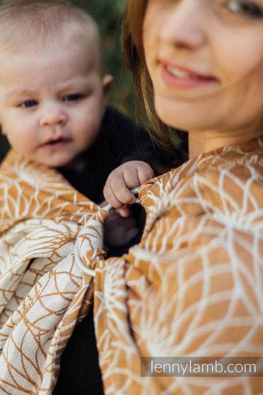 Żakardowa chusta kółkowa do noszenia dzieci, 100% len, ramię bez zakładek - LOTOS - ZŁOTY - standard 1.8m #babywearing