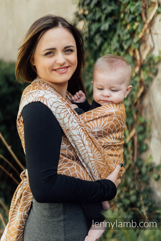 Żakardowa chusta do noszenia dzieci, 100% len - LOTOS - ZŁOTY - rozmiar S #babywearing