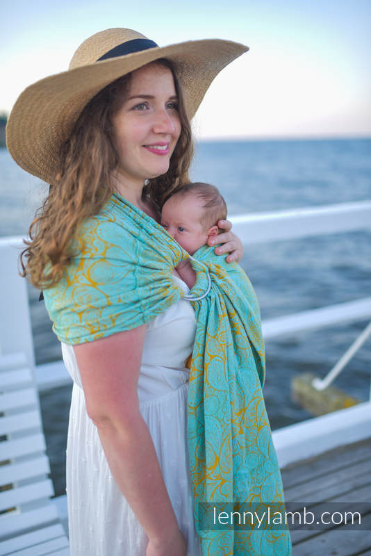 Żakardowa chusta kółkowa do noszenia dzieci, ramię bez zakładek, (86% bawełna, 14% wiskoza ) - PAISLEY - GLOWING DROPLETS - standard 1.8m #babywearing