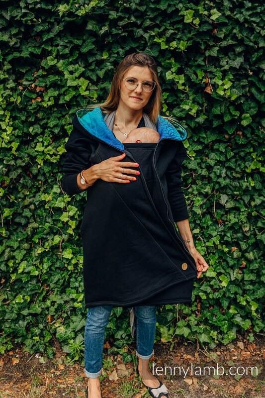 Chaqueta asimétrica con capucha - Negro con Rainbow Lotus - talla XXS #babywearing