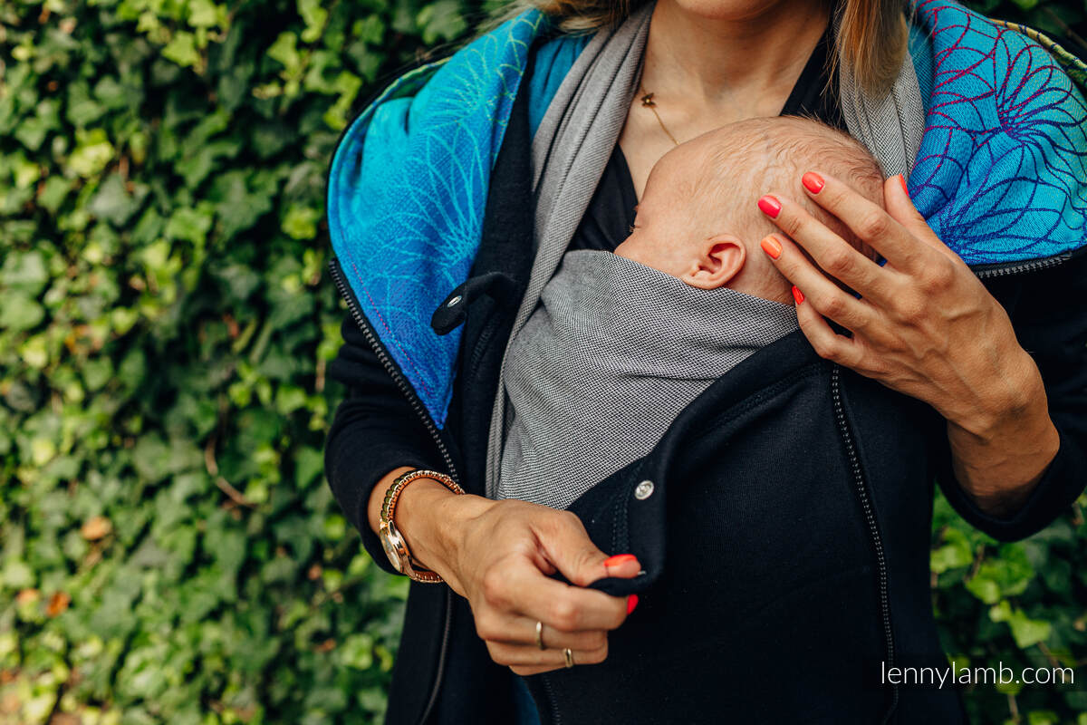 Chaqueta asimétrica con capucha - Negro con Rainbow Lotus - talla XXS #babywearing