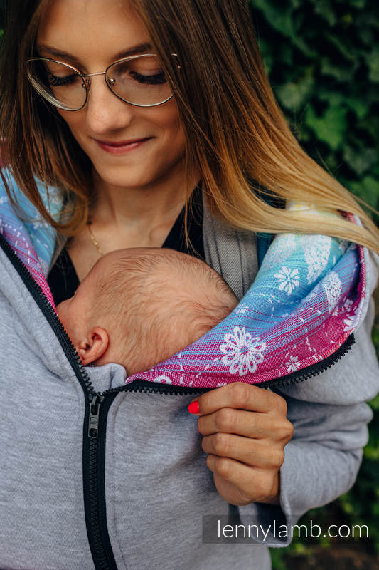 Sweat à capuche asymétrique - Gris Chiné avec Dragonfly Rainbow - taille 3XL #babywearing