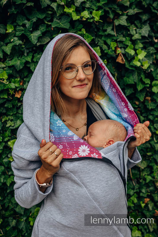 Asymmetrical Hoodie - Grey Melange with Dragonfly Rainbow - size M #babywearing