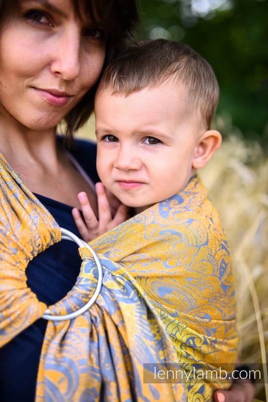 Żakardowa chusta kółkowa do noszenia dzieci, 95% bawełna, 5% przędza metalizowana, ramię bez zakładek - CZAS ZBIORÓW - FIELDS OF GOLD - standard 1.8m #babywearing