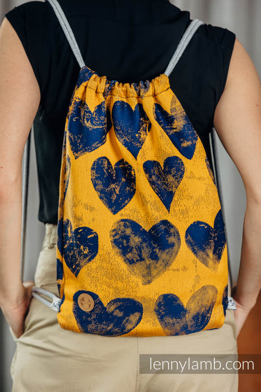 Mochila portaobjetos hecha de tejido de fular (100% algodón) - LOVKA MUSTARD & NAVY BLUE - talla estándar 32cmx43cm #babywearing