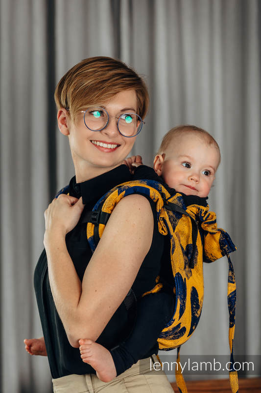 Lenny Buckle Onbuhimo baby carrier, standard size, jacquard weave (100% cotton) - LOVKA MUSTARD & NAVY BLUE  #babywearing