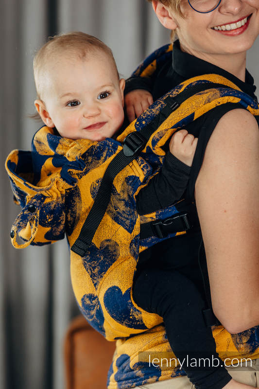 LennyGo Mochila ergonómica, talla Toddler, jacquard 100% algodón - LOVKA MUSTARD & NAVY BLUE  #babywearing