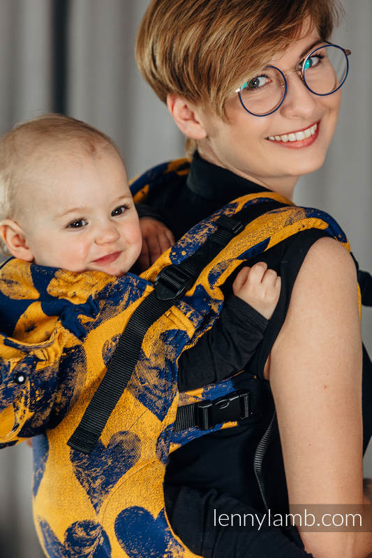 LennyGo Ergonomic Carrier, Baby Size, jacquard weave 100% cotton - LOVKA MUSTARD & NAVY BLUE  #babywearing