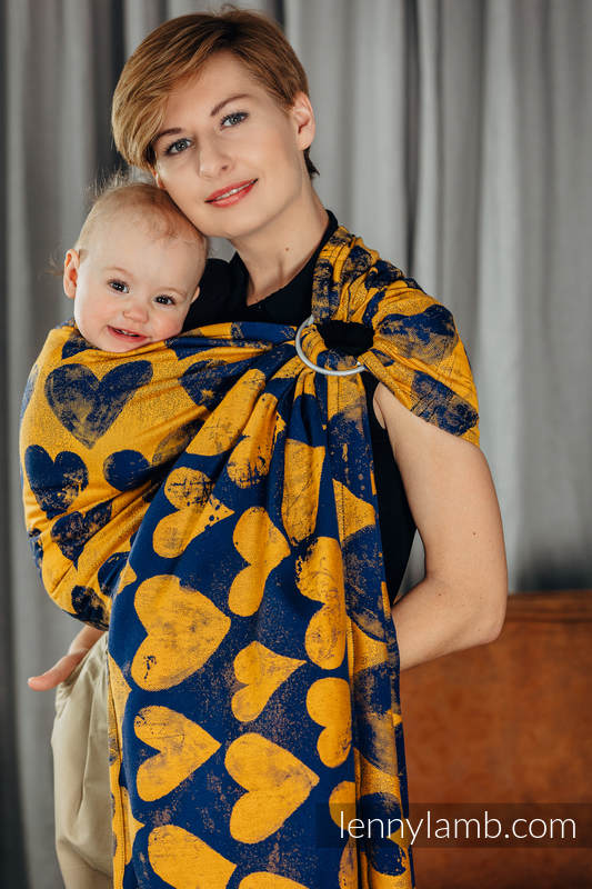 Żakardowa chusta kółkowa do noszenia dzieci, (100% bawełna), ramię bez zakładek -  LOVKA MUSZTARDA Z GRANATEM - standard 1.8m #babywearing