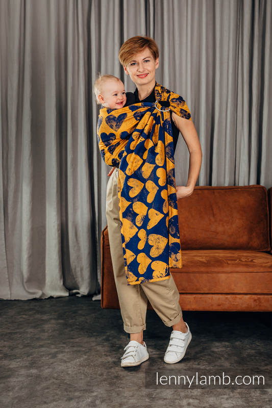 Żakardowa chusta kółkowa do noszenia dzieci, (100% bawełna), ramię bez zakładek -  LOVKA MUSZTARDA Z GRANATEM - standard 1.8m #babywearing