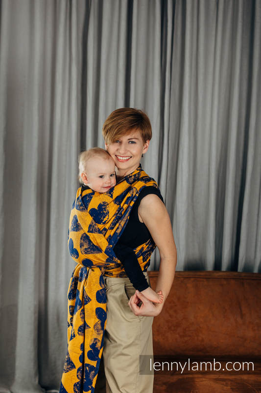 Żakardowa chusta do noszenia dzieci, bawełna - LOVKA MUSZTARDA Z GRANATEM - rozmiar XS #babywearing