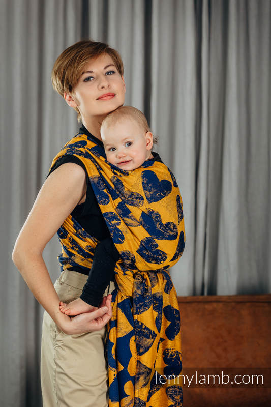 Fascia portabebè, tessitura Jacquard (100% cotone) - LOVKA MUSTARD & NAVY BLUE - taglia S #babywearing